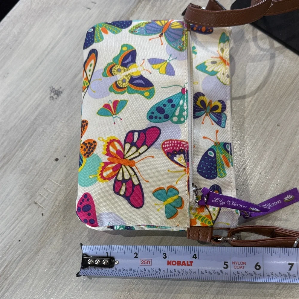 Lily Bloom Cream Crossbody Bag with Multicolor Butterfly Print and Brown Trim - Picture 10 of 12